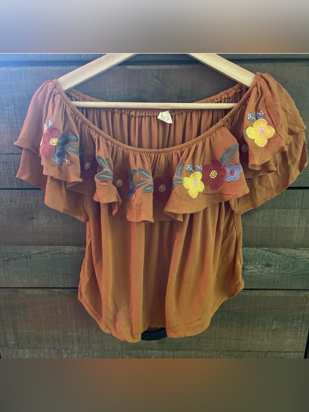 Blush Off-Shoulder Embroidered Ruffle Crop Top - Rust Brown